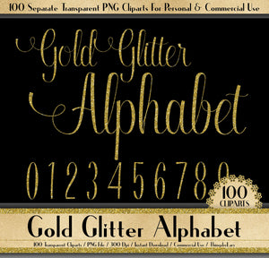 100 Gold Glitter Alphabet Cliparts in 12&quot; x 12&quot; Separate, 300 Dpi Instant Download, Commercial Use, 100 Transparent Number