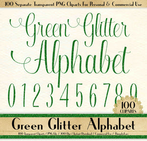 100 Green Glitter Alphabet Cliparts in 12&quot; x 12&quot; Separate, 300 Dpi Instant Download, Commercial Use, 100 Transparent Number