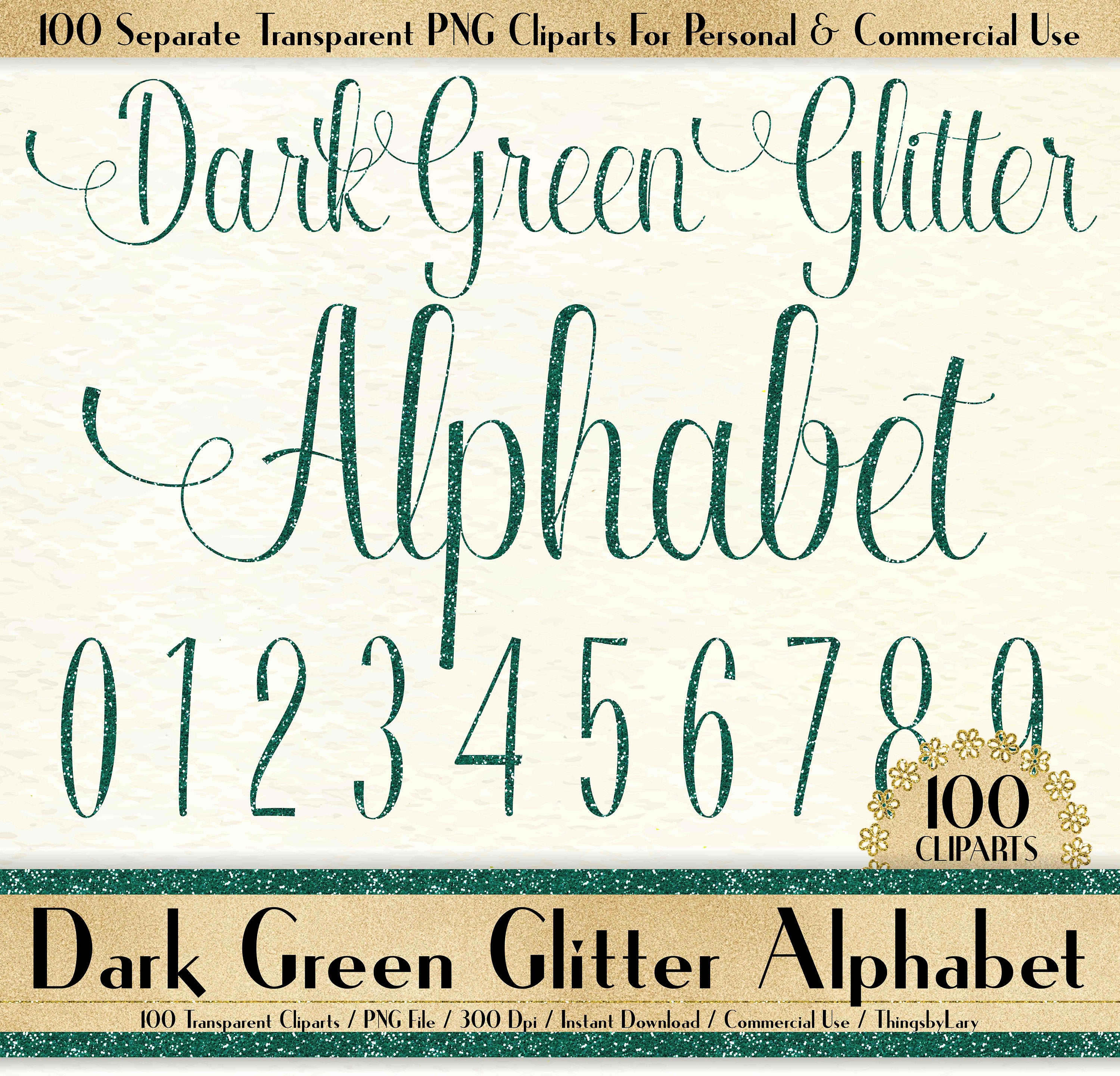 100 Dark Green Glitter Alphabet Cliparts in 12&quot; x 12&quot; Separate, 300 Dpi Instant Download, Commercial Use, 100 Transparent Number