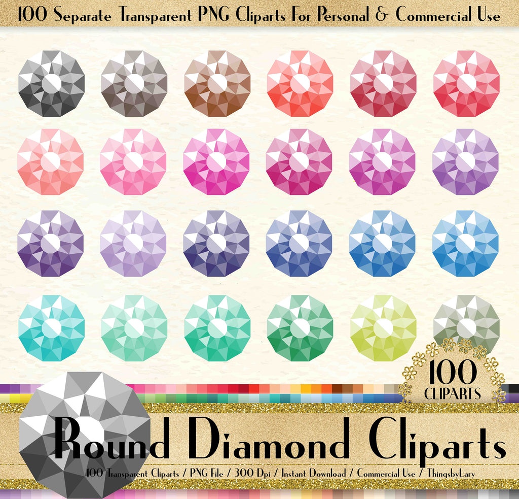 100 Transparent Round Diamond Clipart, Jewelry Clipart, Fashion Clipart, 100 Diamond Clipart, Planner Clipart, Transparent, Rainbow