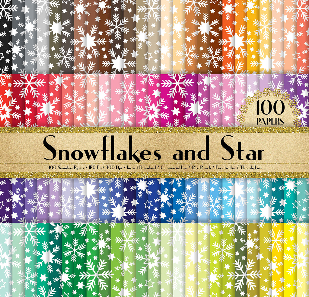 100 Seamless Snowflakes and Stars Papers 12 inch 300 Dpi Commercial Use Instant Download, Scrapbooking Winter Kit, Seamless Pattern