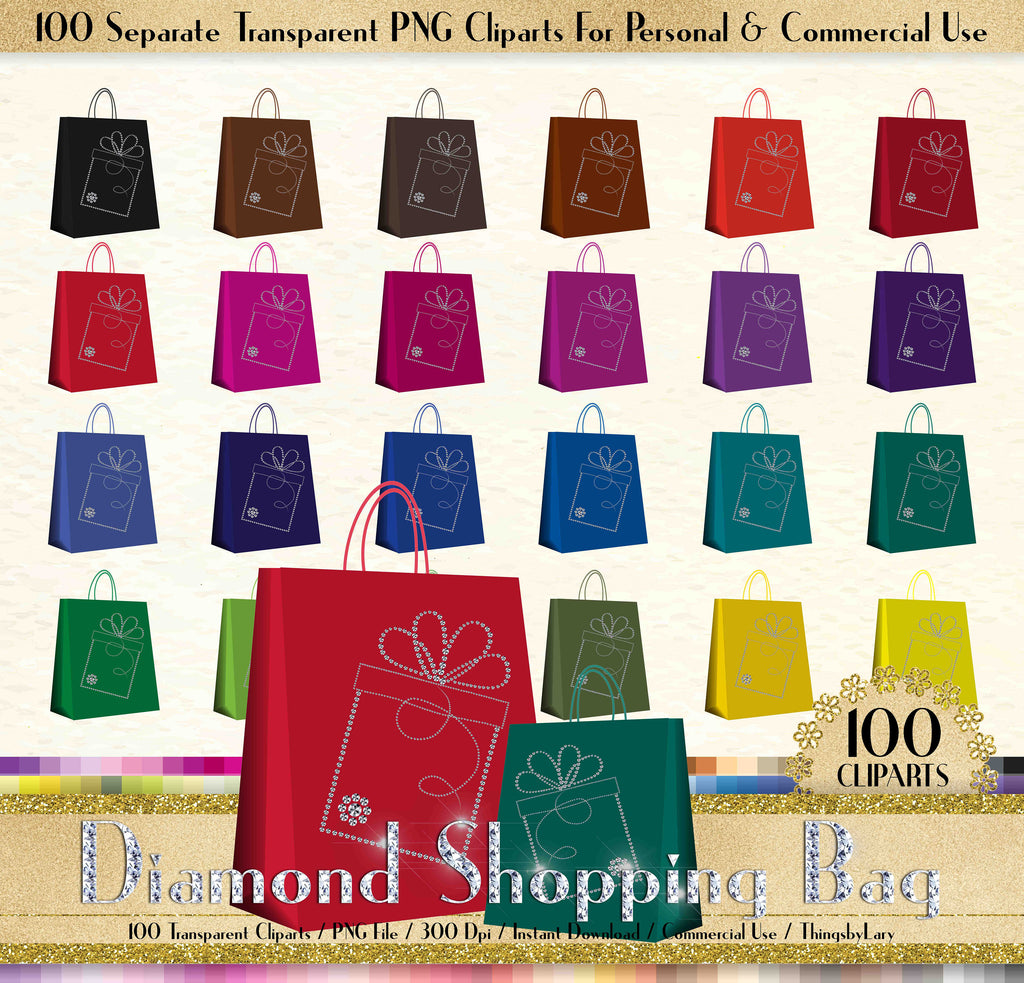 100 Diamond Shopping Bag Clipart, Shopping Bag Clipart, Diamond Clipart, 100 PNG Clipart, Planner Clipart, Gift Clip Art