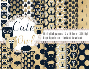 16 Cute Owl Pattern Gold Foil and Navy Blue Digital Papers in 12 x 12 inch 300 Dpi Instant Download, Scrapbook Papers, Commercial Use