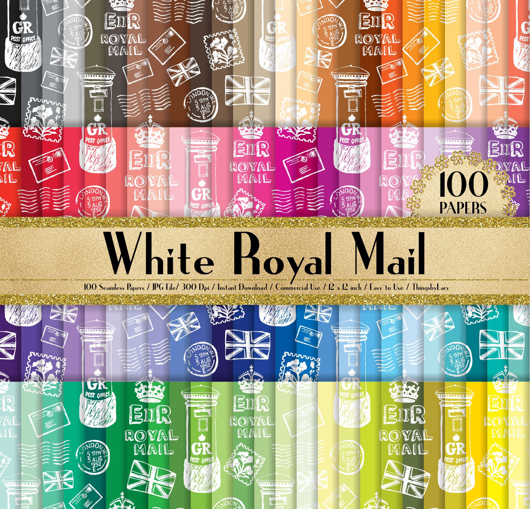 100 Seamless White Royal Mail Papers in 12&quot; x 12&quot;, 300 Dpi Planner Paper, Scrapbook Paper,Rainbow Paper, Royal Papers, Mail Digital Paper