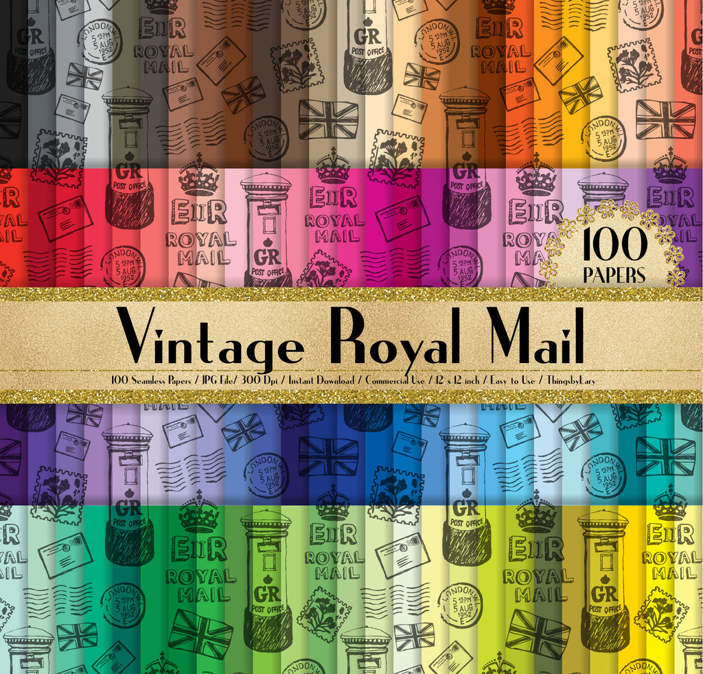 100 Seamless Vintage Royal Mail Papers in 12&quot; x 12&quot;, 300 Dpi Planner Paper, Scrapbook Paper,Rainbow Paper, Royal Papers, Mail Digital Paper