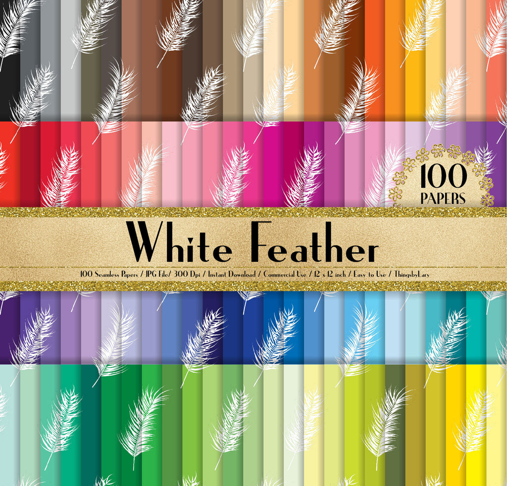 100 Seamless White Feather Papers in 12&quot; x 12&quot;, 300 Dpi Planner Paper, Scrapbook Paper,Rainbow Paper, Feather Papers, Vintage Digital Paper