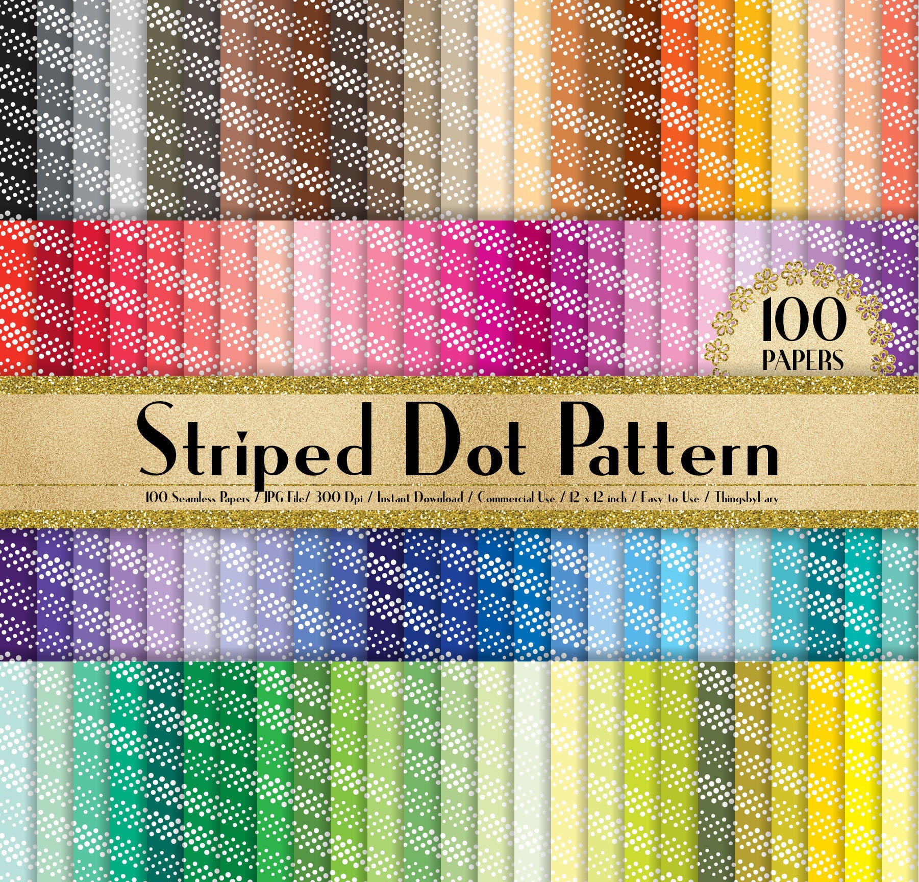 100 Seamless Striped Dot Papers in 12&quot; x 12&quot;, 300 Dpi Planner Paper, 100 Digital Paper,Rainbow Paper, Dot Papers, Minimalist Paper