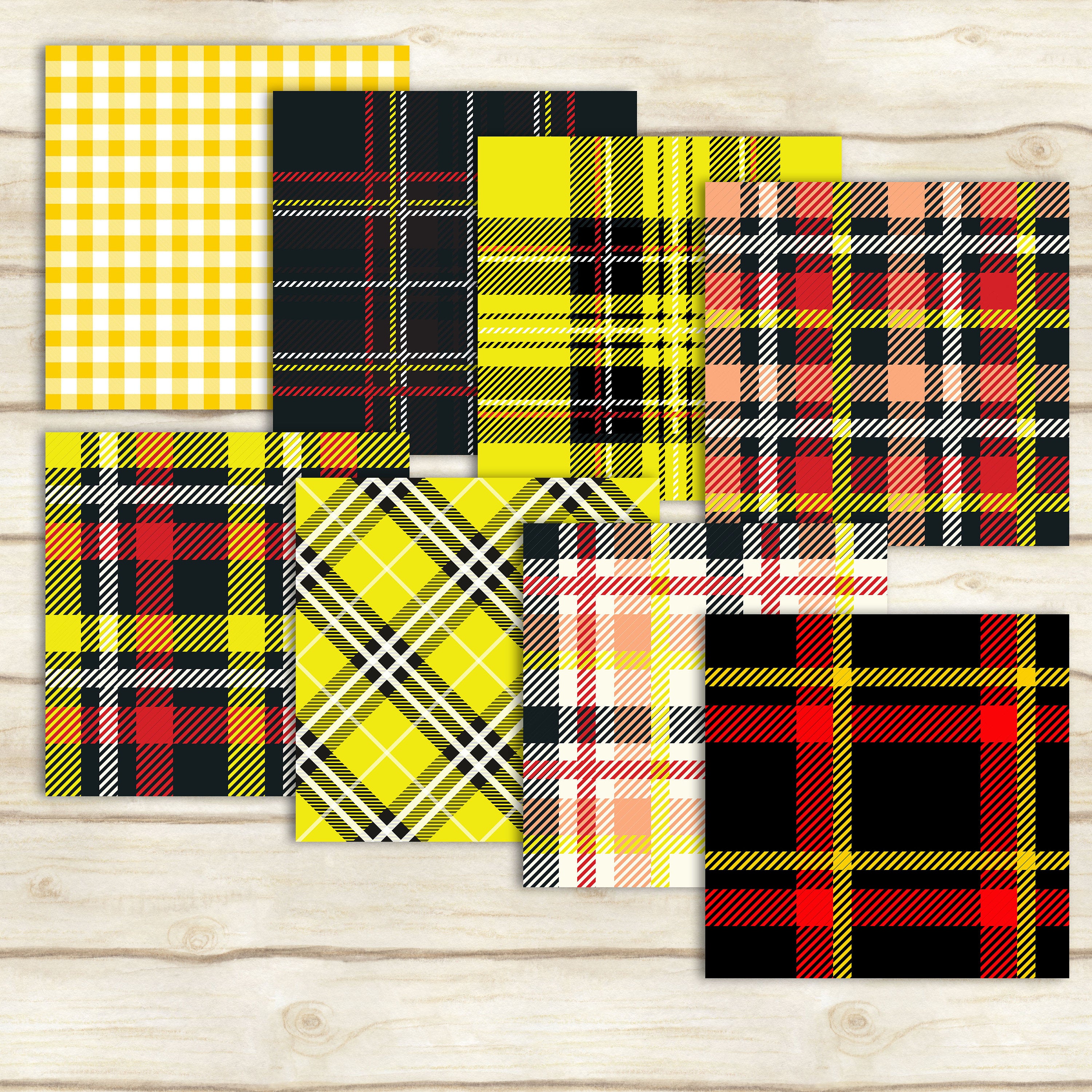 24 Red, Black, Yellow Plaid Digital Papers in 12inch 300 Dpi Instant Download, Scrapbook Papers, Tartan, Gingham, Check, Commercial Use