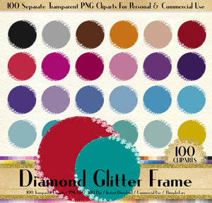 100 Diamond and Glitter Circle Frame Clipart, Diamond Frame Digital Clip art, 100 PNG Clipart, Planner Clipart, Circle Frame Clip Art