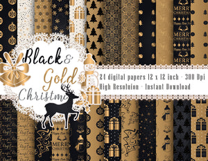 24 Black & Gold Christmas Digital Papers 12 x 12 inch 300 Dpi Instant Download, Scrapbook Papers, Christmas Papers, Commercial Use