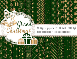 24 Green & Gold Christmas Digital Papers 12 x 12 inch 300 Dpi Instant Download, Scrapbook Papers, Christmas Papers, Commercial Use
