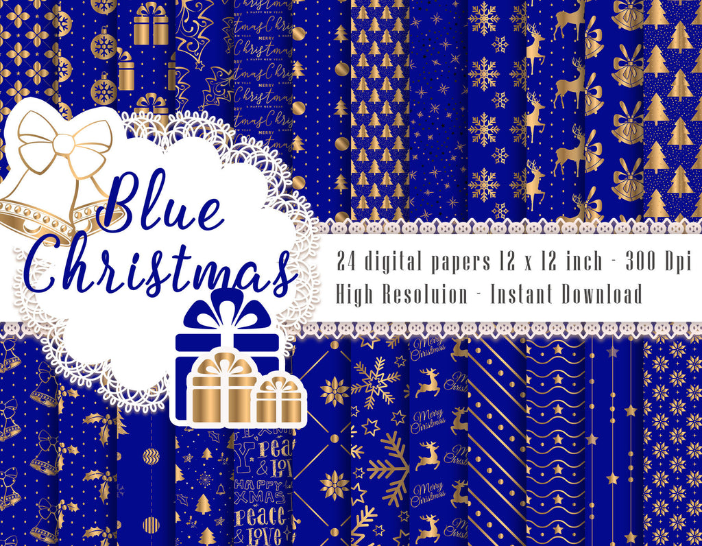 24 Blue & Gold Christmas Digital Papers 12 x 12 inch 300 Dpi Instant Download, Scrapbook Papers, Christmas Papers, Commercial Use