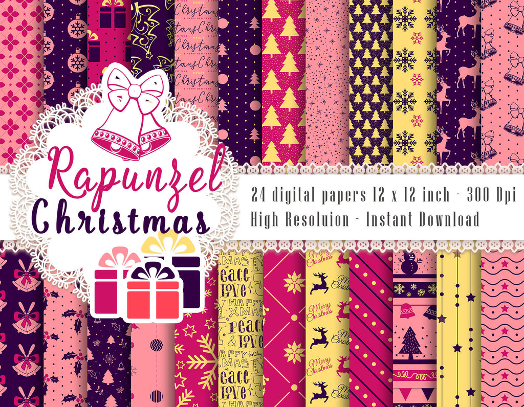 24 Christmas Princess Digital Papers 12inch 300 Dpi Instant Download, Scrapbook Papers, Christmas Papers, Commercial Use