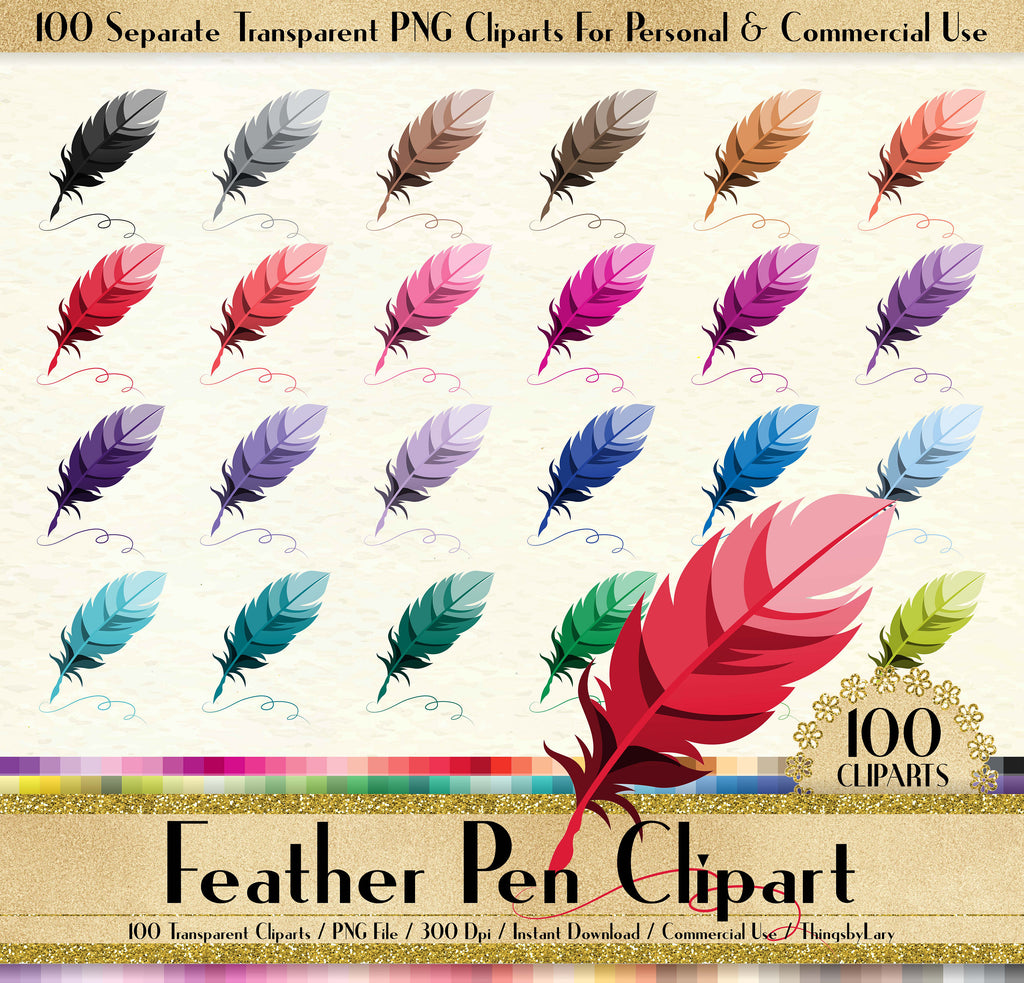 100 Feather Pen Clipart, Feather Digital Clip art, Pen Clipart, 100 PNG Clipart, Planner Clipart, Instant Download Clipart, 100 Clipart