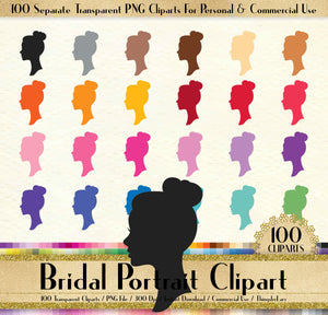 Silhouette Bridal Portrait Clipart, Women Portrait Clipart, 100 PNG Clipart, Planner Clipart, Instant Download Clipart, 100 Wedding Clipart