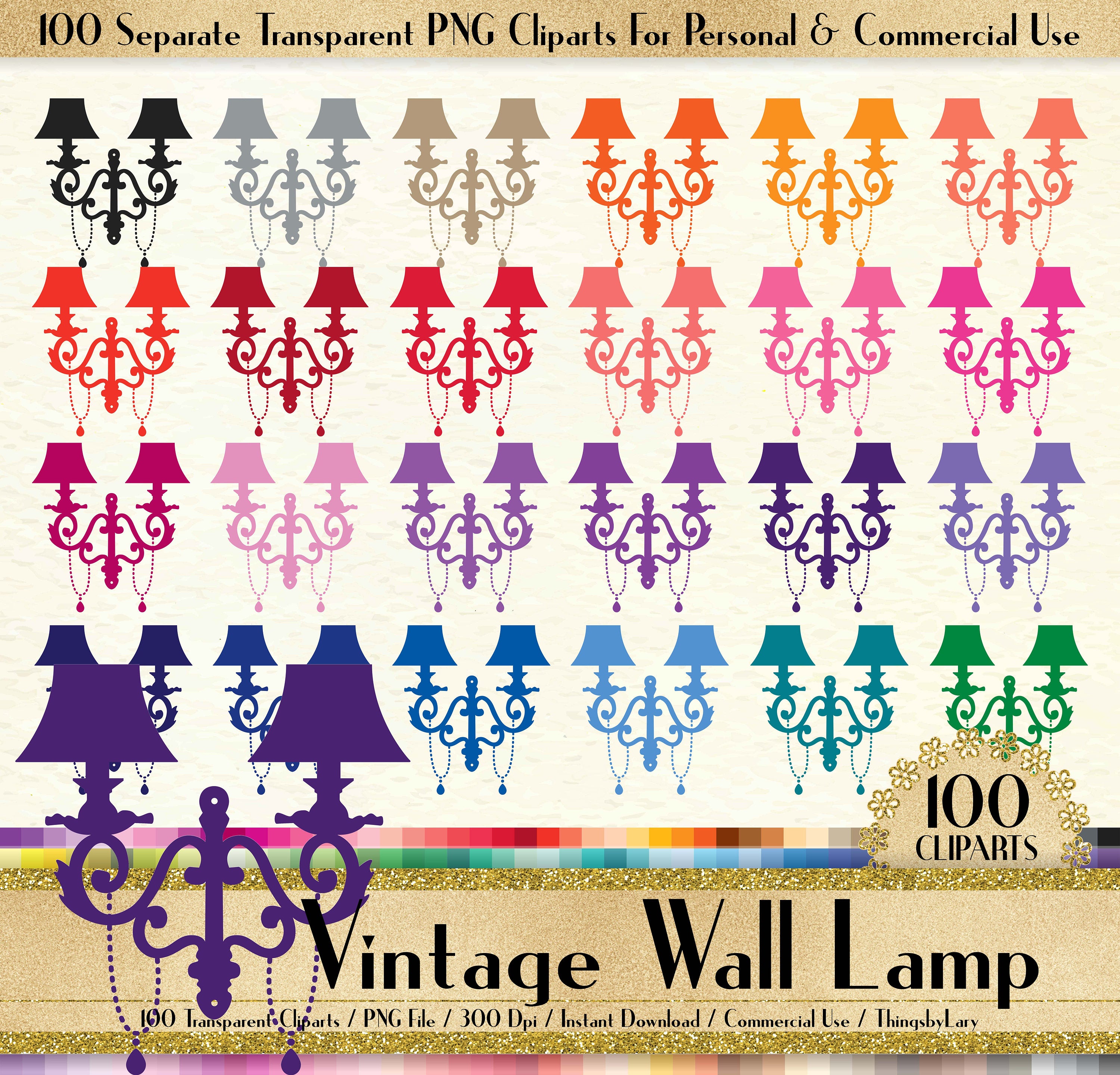 100 Vintage Wall Lamp Clipart, 100 Vintage Lamp Clipart, 100 PNG Clipart, Planner Clipart, Instant Download Clipart, European Lamp Clipart