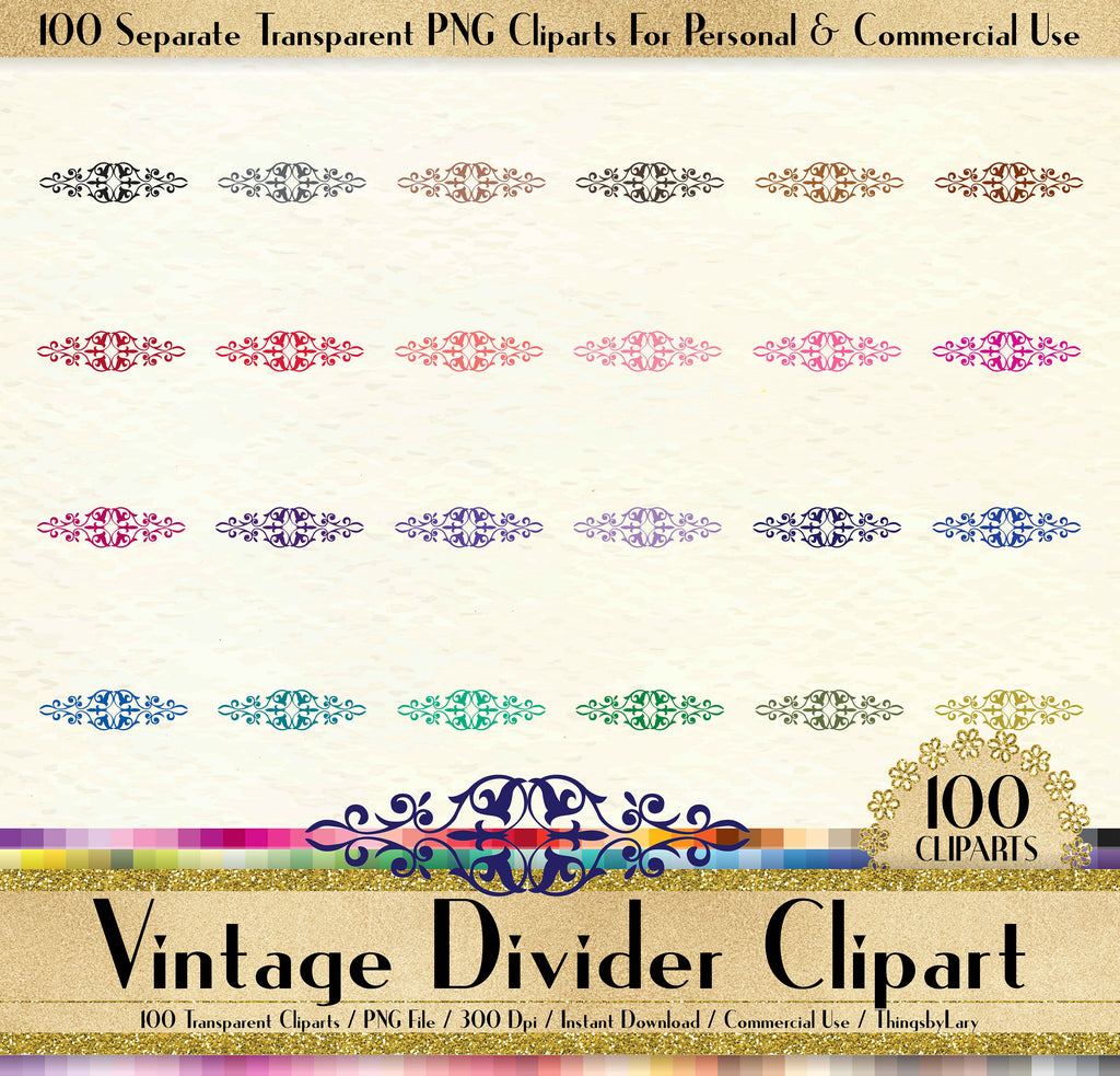 100 Vintage Divider Clipart, Vintage Decoration Clipart, 100 PNG Clipart, Planner Clipart, Instant Download Clipart, 100 Divider Clipart