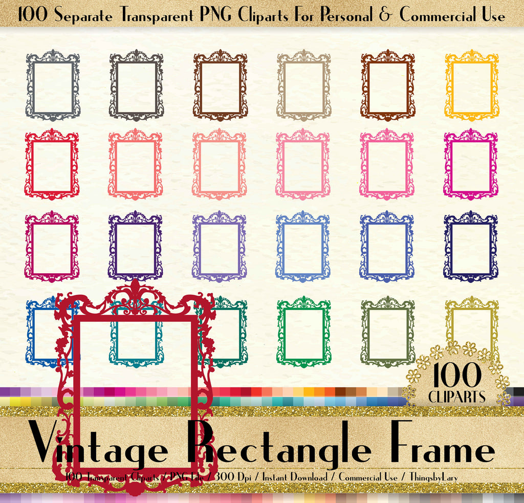 100 Vintage Rectangle Frame Clipart, Vintage Mirror Clipart, 100 PNG Clipart, Planner Clipart, Instant Download Clipart, Vintage Rectangle