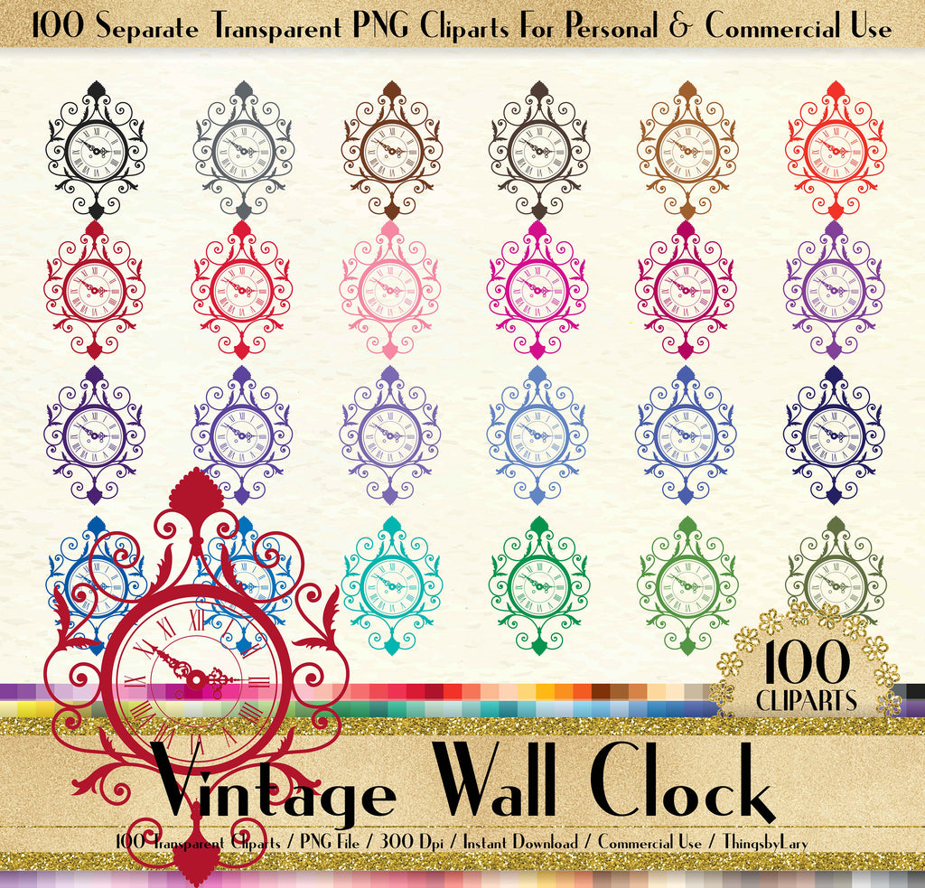 100 Vintage Wall Clock Clipart, Vintage Clock Clipart, 100 PNG Clipart, Planner Clipart, Instant Download Clipart, European Clipart