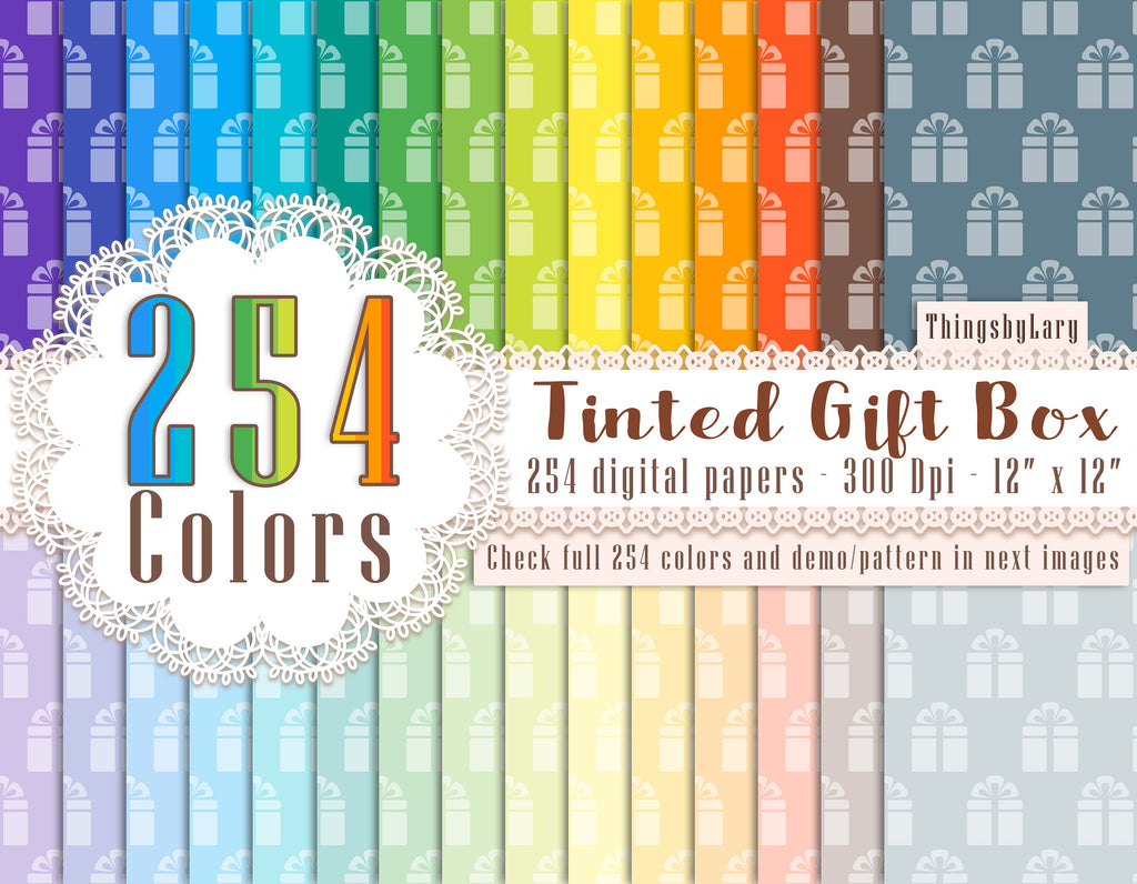 254 Rainbow Paper Tinted Gift Box Pattern Digital Papers in 12 x 12 inch 300 Dpi Instant Download, Scrapbook Papers, Over 100 Color Kit