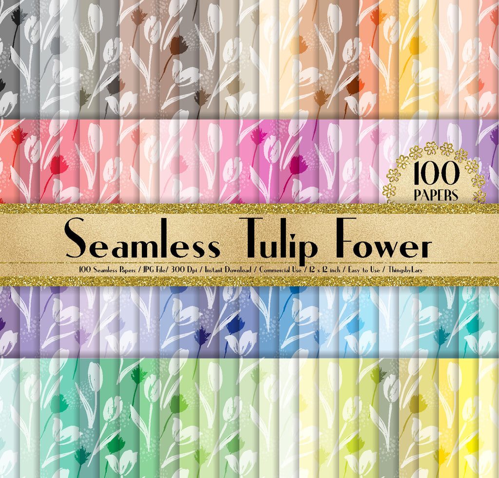 100 Seamless Tulip Flower Papers in 12 inch, 300 Dpi Planner Paper, Commercial Use, Scrapbook Paper,Rainbow Paper, 100 Flower Papers