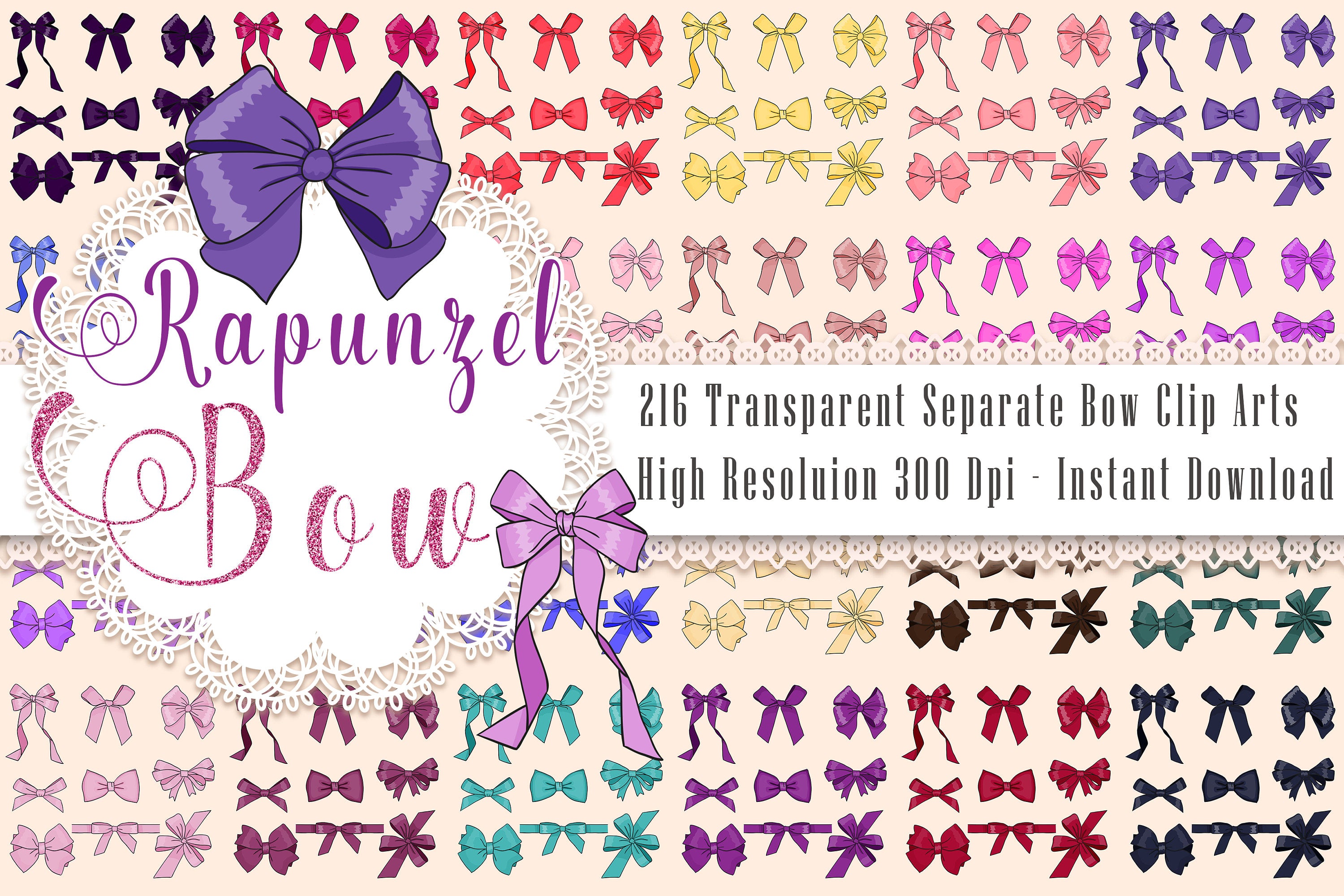 216 Bow Clip Arts, Instant Download, High Resolution 300 Dpi, Separate and Transparent Clip Arts, Princess Theme Clip Arts, Commercial Use