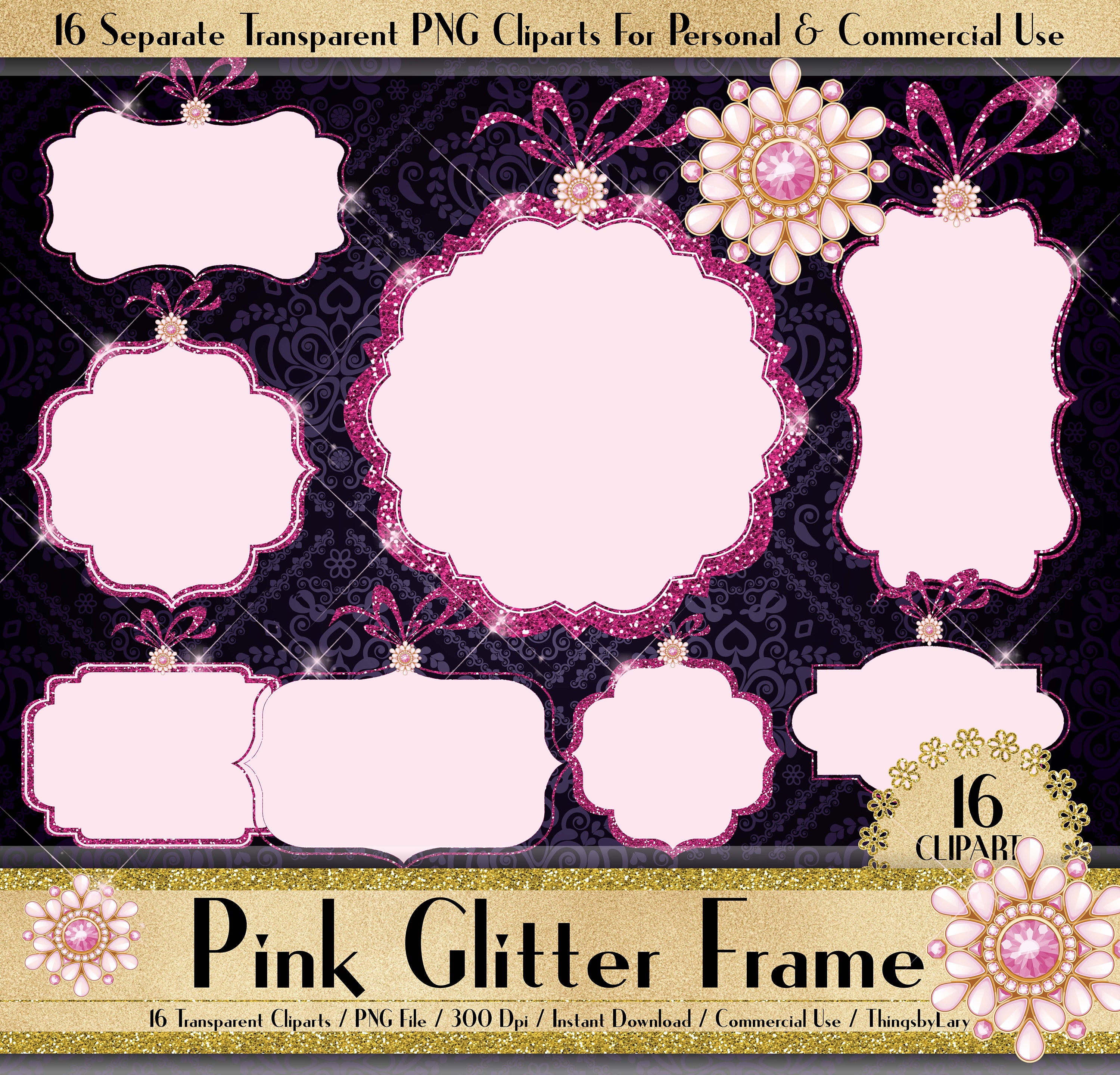 Pink Glitter and Jewelry Frame, Sparkle Frame Clipart, Glitter Frame for Royal, Christmas, Instant download,Commercial Use, Planner Clipart
