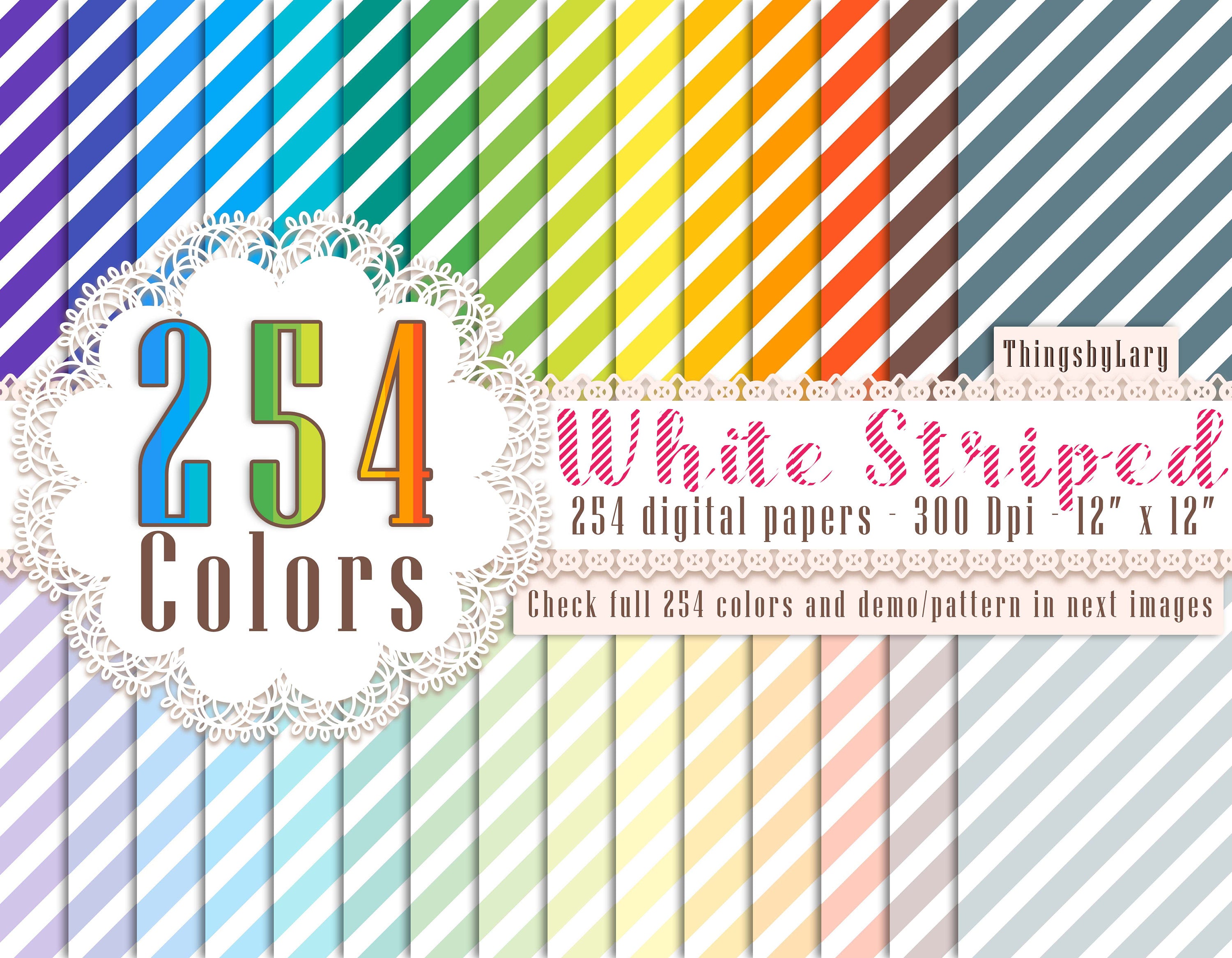 254 Rainbow Striped Pattern Digital Papers in 12&quot; x 12&quot; 300 Dpi Instant Download, Scrapbook Papers, Over 100 Color Kit, Commercial Use