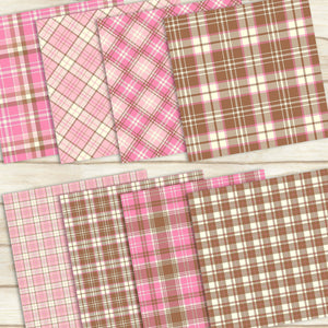 16 Pink and Brown Plaid Pattern Papers 12x12 Inch, Jpeg File, Instant Download, High Resolution 300 Dpi, Commercial Use, Seamless Pattern
