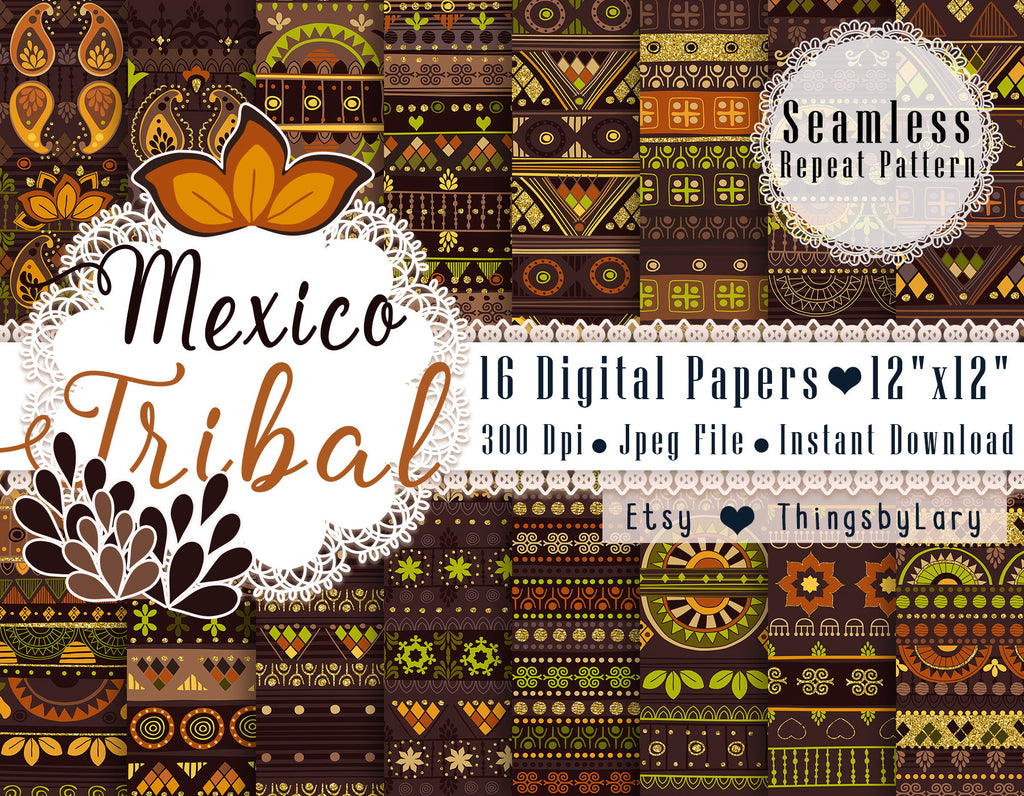 16 Mexico Tribal Seamless Repeat Papers 12 x 12 inch 300 Dpi Instant Download, Scrapbook Papers, Boho, Cinco de Mayo, Mexico, Aztec