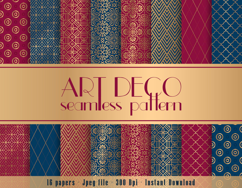 16 Navy and Burgundy Art Deco Seamless Papers 12 x 12 inch 300 Dpi Instant Download, Scrapbook Papers, Seamless Pattern