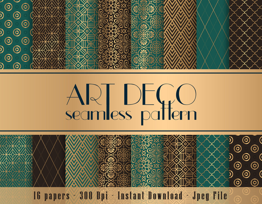 16 Green and Brown Art Deco Seamless Papers 12 x 12 inch 300 Dpi Instant Download, Scrapbook Papers, Seamless Pattern