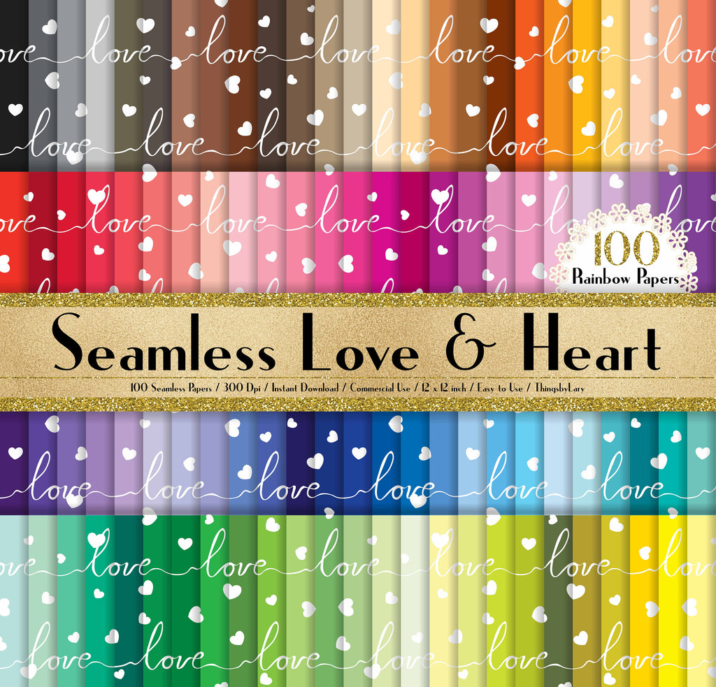 100 Seamless Love and Heart Papers in 12&quot; x 12&quot;, 300 Dpi Planner Paper, Commercial Use, Scrapbook Papers, Rainbow Paper