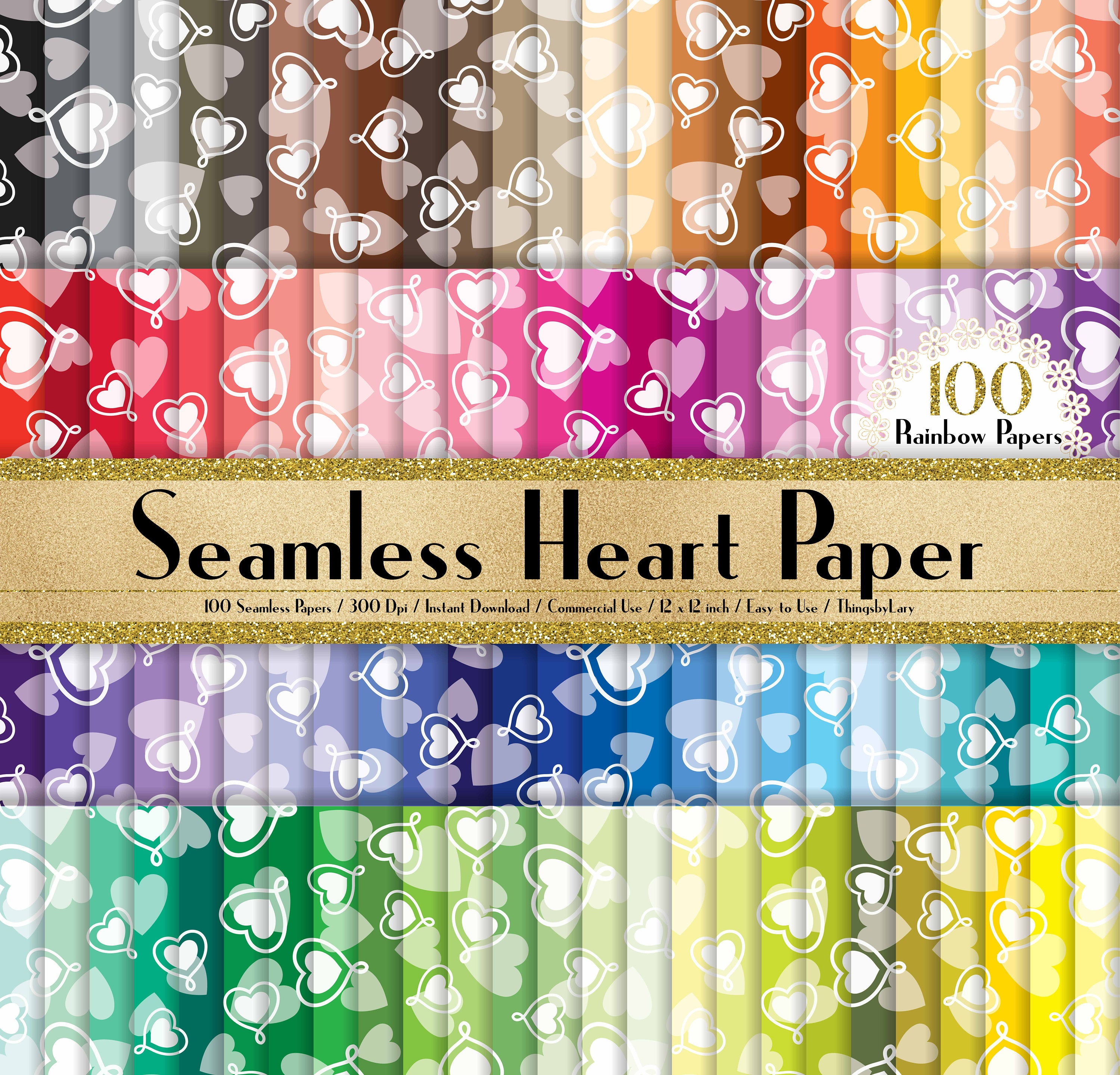 100 Seamless Heart Papers in 12&quot; x 12&quot;, 300 Dpi Planner Paper, Commercial Use, Scrapbook Papers, Rainbow Paper, 100 Valentine Papers