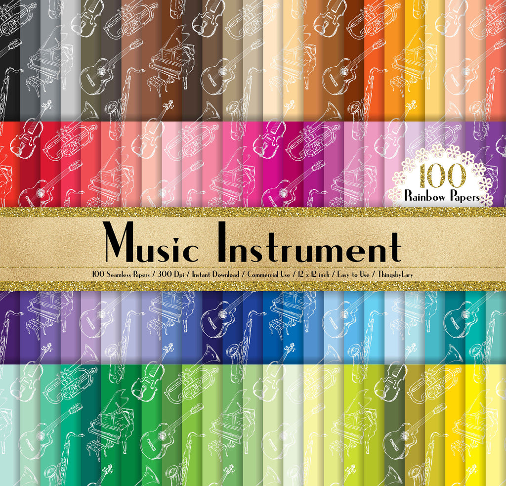 100 Seamless Hand Drawn Music Instrument Papers in 12&quot; x 12&quot;, 300 Dpi Planner Paper, Commercial Use, Scrapbook Paper, Rainbow Paper