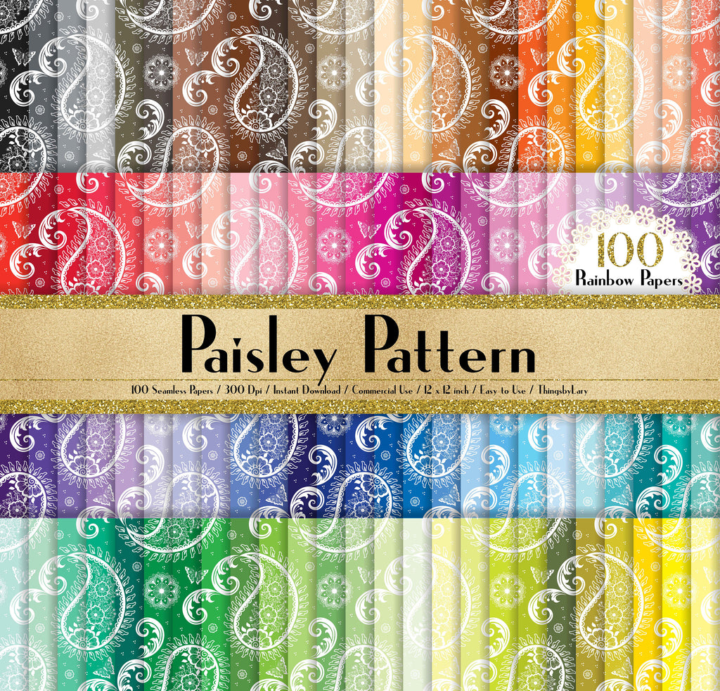 100 Seamless Paisley Pattern Papers in 12&quot; x 12&quot;, 300 Dpi Planner Paper, Commercial Use, Scrapbook Paper,Rainbow Paper, 100 Digital Paper