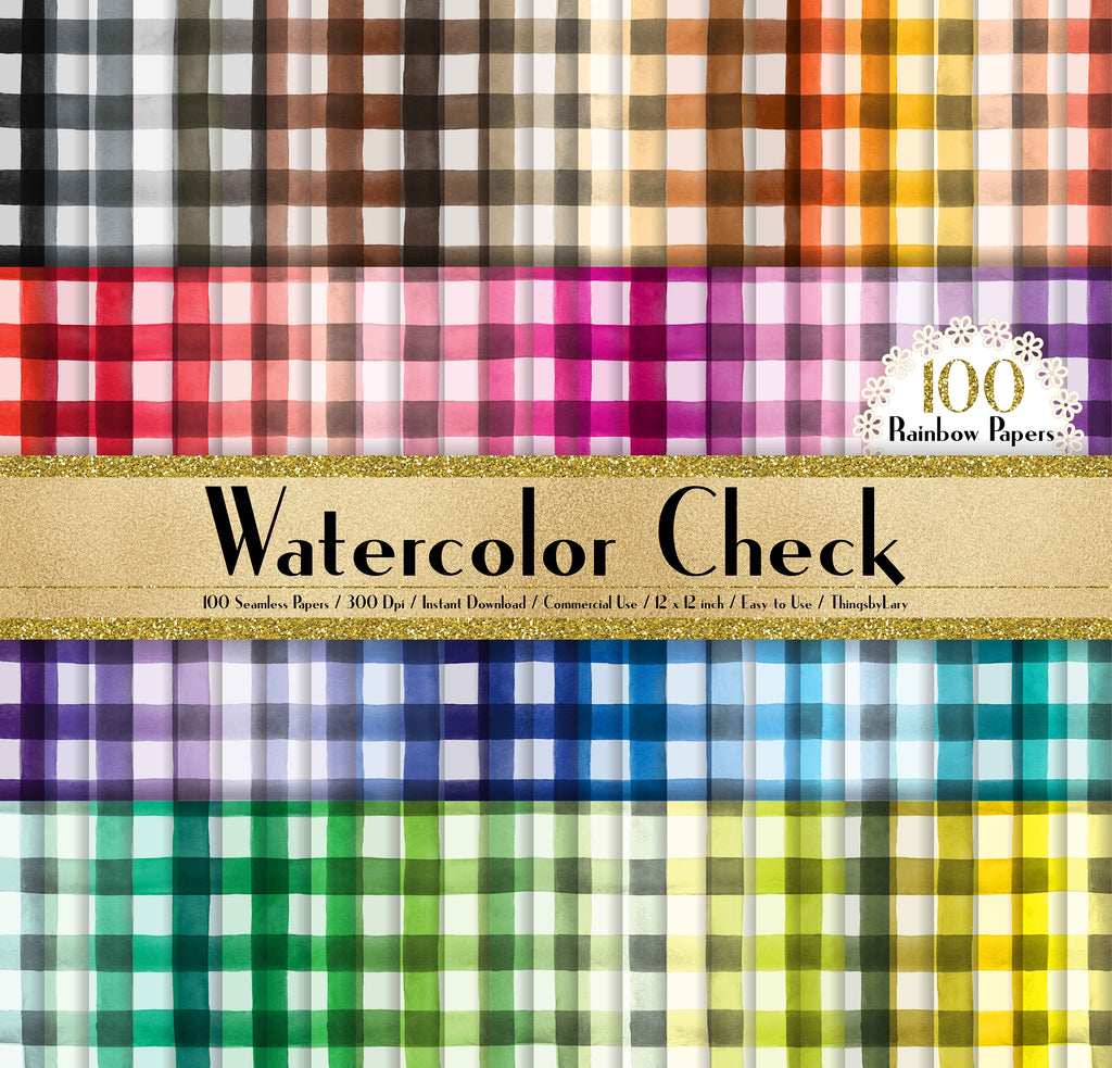 100 Seamless Watercolor Check Papers in 12&quot; x 12&quot;, 300 Dpi Planner Paper, Commercial Use, Scrapbook Paper,Rainbow Paper, 100 Papers