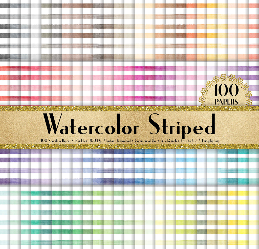 100 Seamless Watercolor Striped Papers in 12&quot; x 12&quot;, 300 Dpi Planner Paper, Commercial Use, Scrapbook Paper,Rainbow Paper, 100 Papers