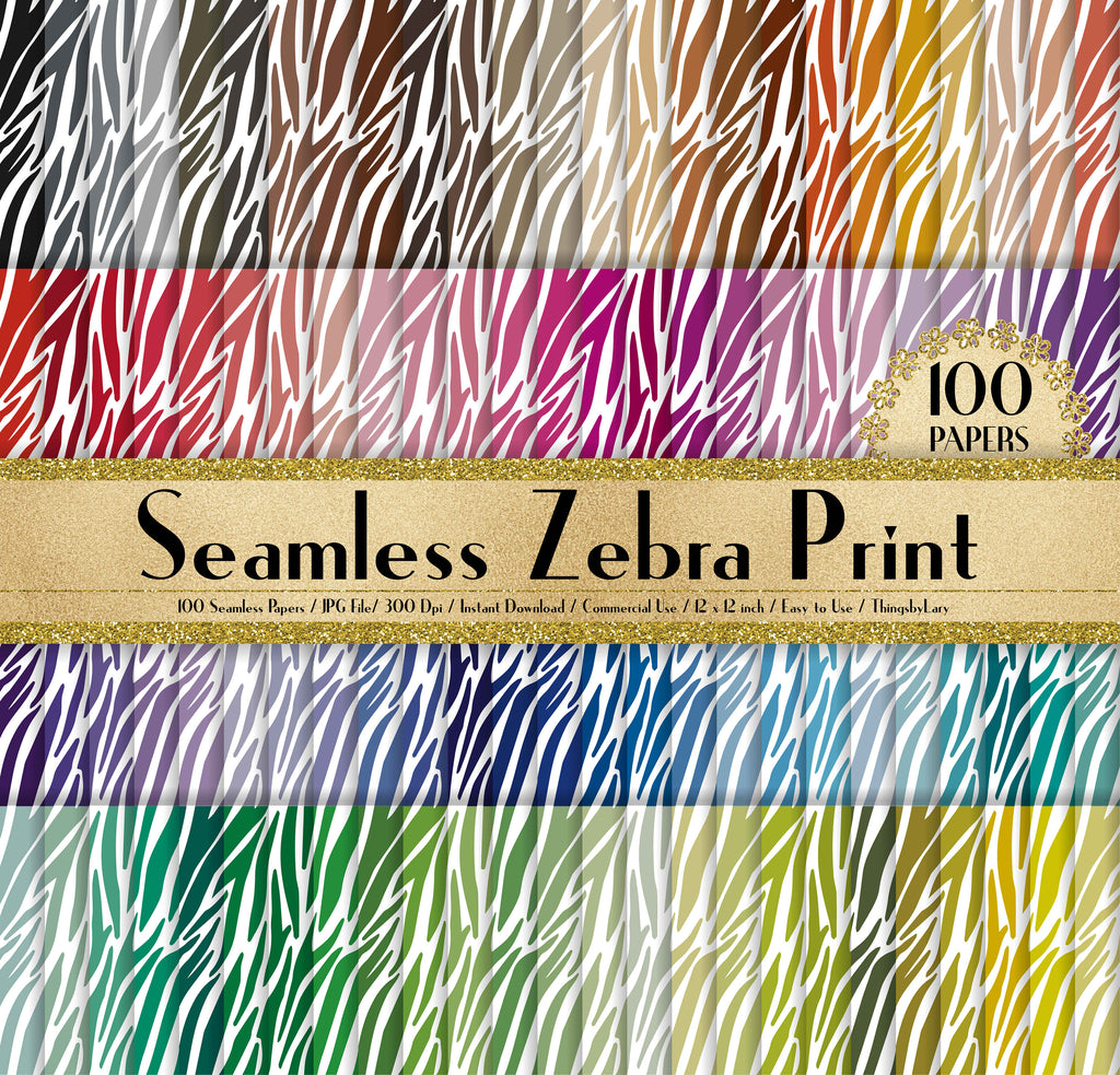 100 Seamless Zebra Print Papers in 12&quot; x 12&quot;, 300 Dpi Planner Paper, Scrapbook Paper,Rainbow Paper,100 Zebra Skin Papers