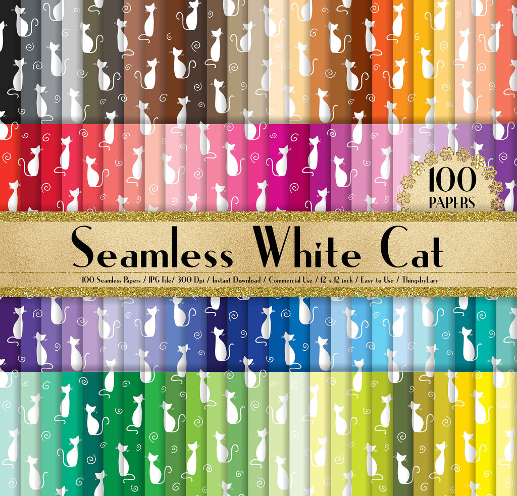 100 Seamless White Cat Pattern Papers in 12&quot; x 12&quot;, 300 Dpi Planner Paper, Scrapbook Paper,Rainbow Paper,100 Cat Paper, 100 Digital Paper