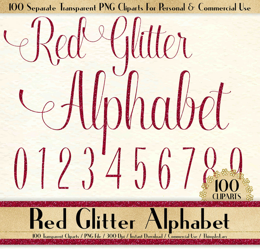 100 Red Glitter Alphabet Cliparts in 12&quot; x 12&quot; Separate, 300 Dpi Instant Download, Commercial Use, 100 Transparent Number