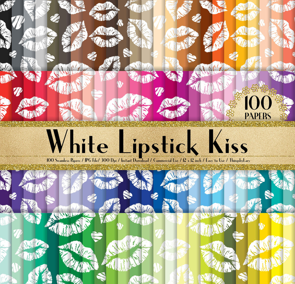 100 Seamless White Lipstick Kiss Love Valentine Papers in 12&quot;, Planner Paper, Commercial, 100 Love Paper,Rainbow Paper, 100 Digital Paper