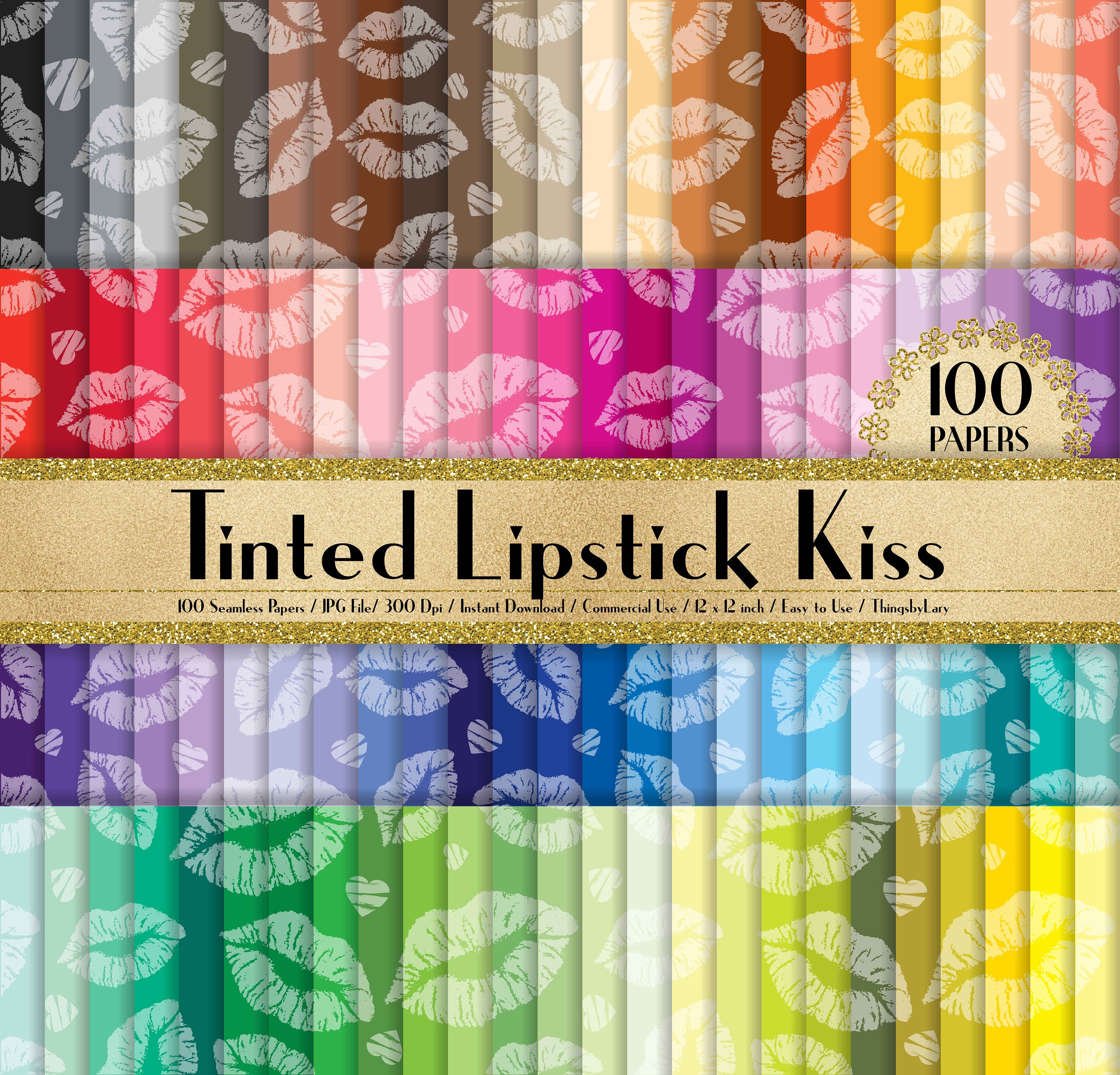 100 Seamless Tinted Lipstick Kiss Love Valentine Papers 12&quot;, Planner Paper, Commercial, 100 Love Paper,Rainbow Paper, 100 Digital Paper