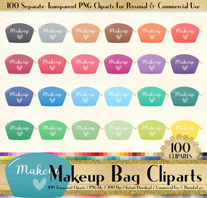 100 Transparent Makeup Bag Clipart, Makeup Clipart, Fashion Clipart, 100 Bag Clipart, Planner Clipart, Transparent PNG, Rainbow Set