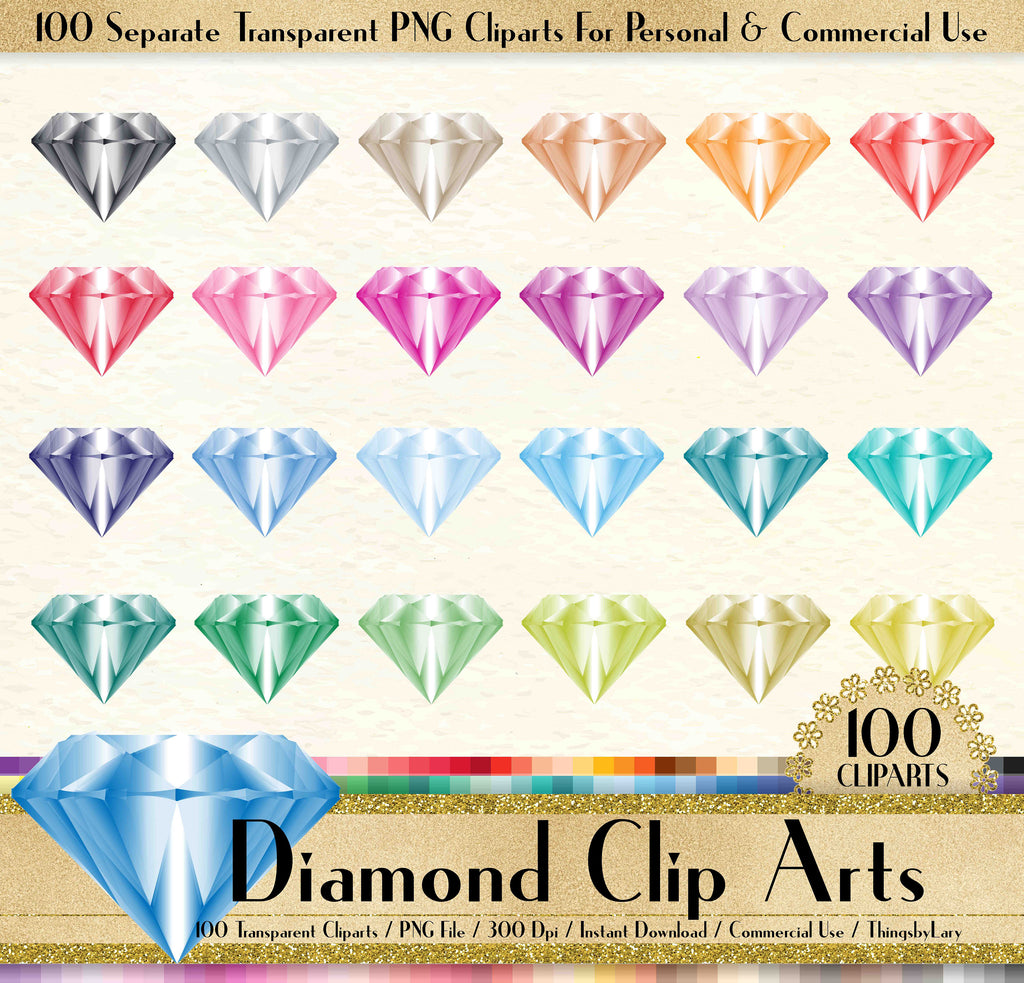 100 Transparent Diamond Clipart, Jewelry Clipart, Fashion Clipart, 100 Diamond Clipart, Planner Clipart, Transparent, Rainbow