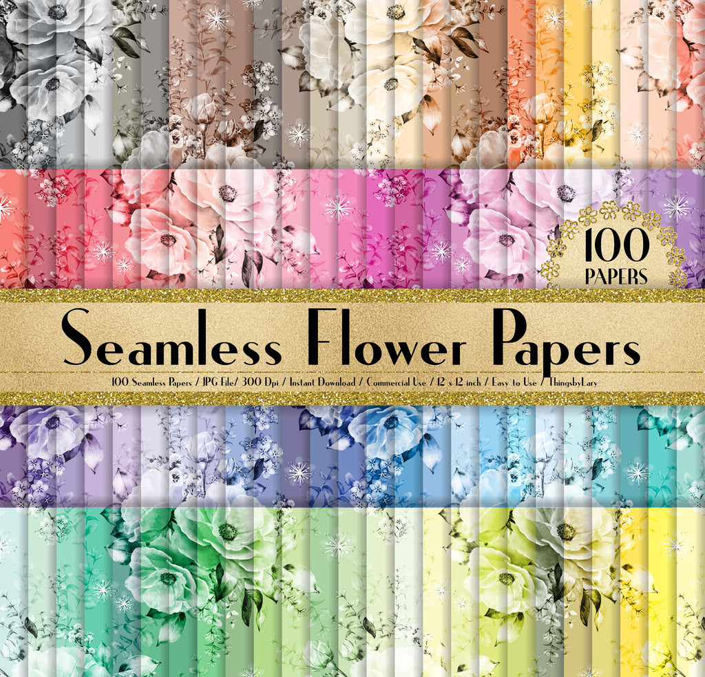 100 Seamless Flower Papers in 12&quot;, 100 Flower Papers, Planner Paper, Commercial Use, Rainbow Paper, 100 Digital Paper