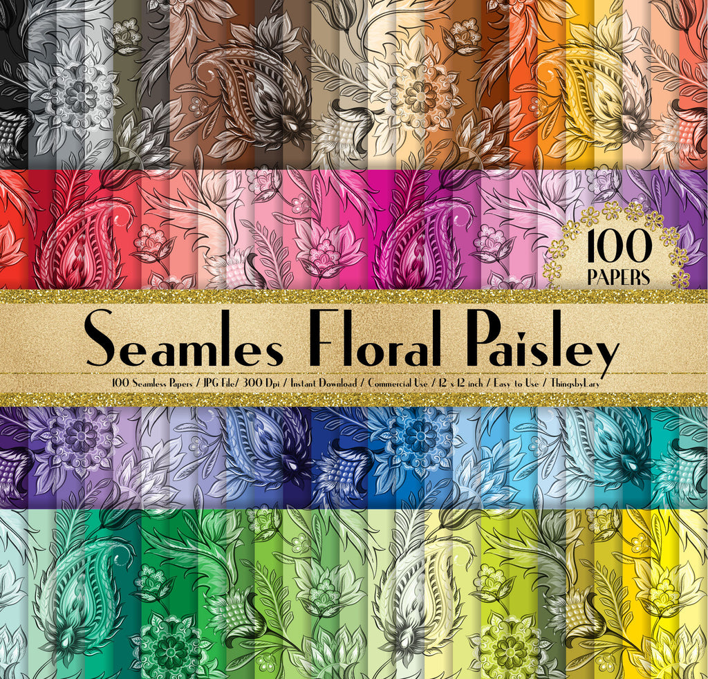 100 Seamless Floral Paisley Papers in 12&quot; x 12&quot;, 300 Dpi Planner Paper, Commercial Use, Scrapbook Paper, 100 Paisley Papers