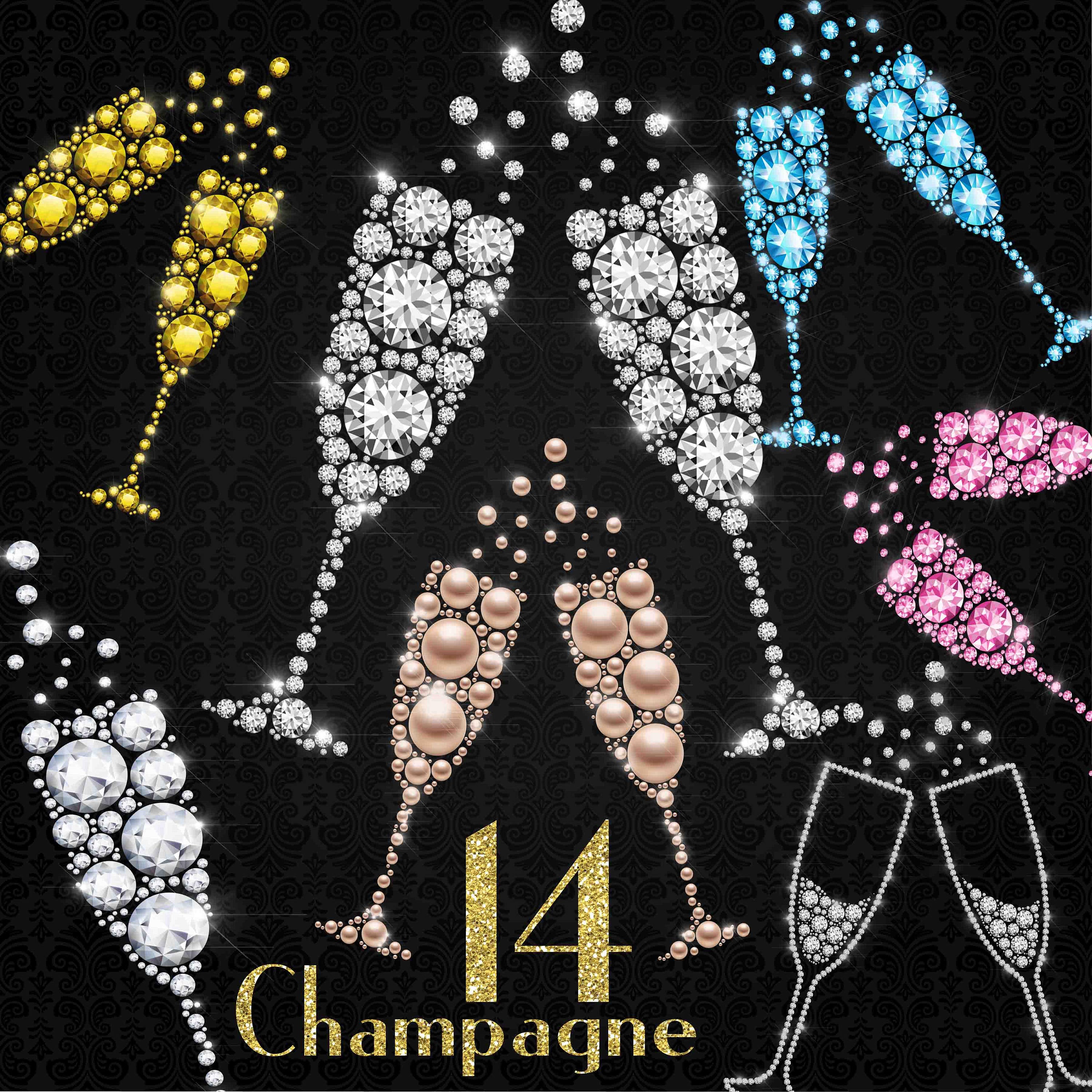 Diamond Champagne Clipart, Pearl Champagne, Jewelry Champagne, New Year Celebration Party, Instant download, Commercial Use, Planner Clipart