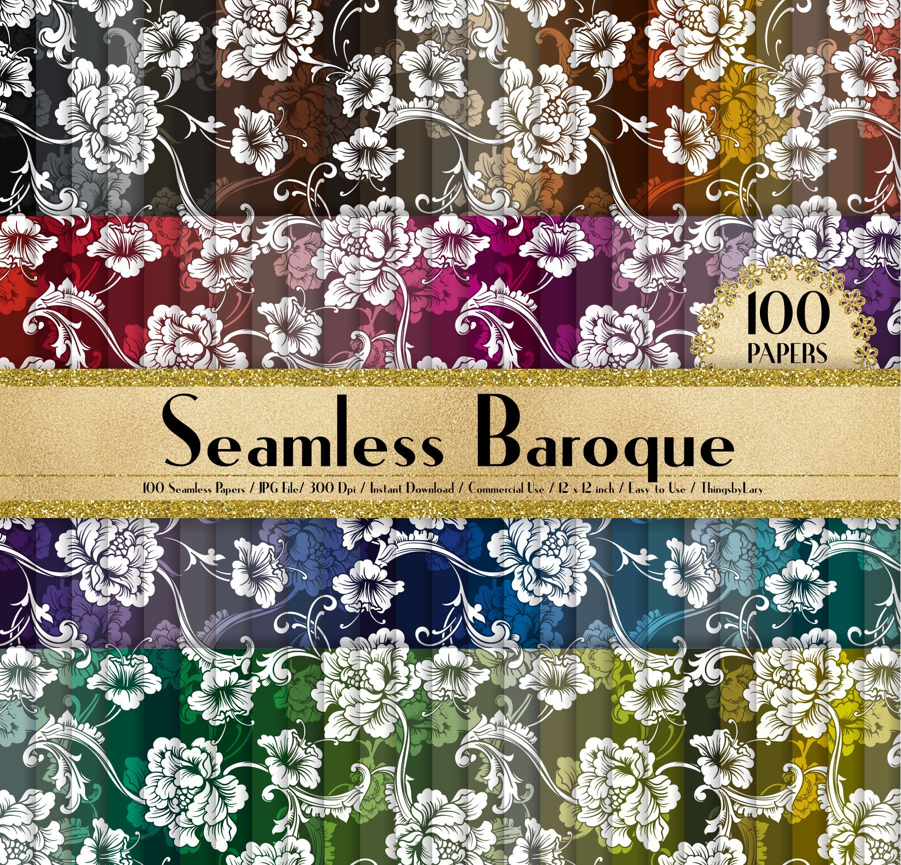 100 Seamless Baroque Pattern Papers in 12&quot; x 12&quot;, 300 Dpi Planner Paper, Scrapbook Paper,Rainbow Paper, Floral Papers, Baroque Digital Paper
