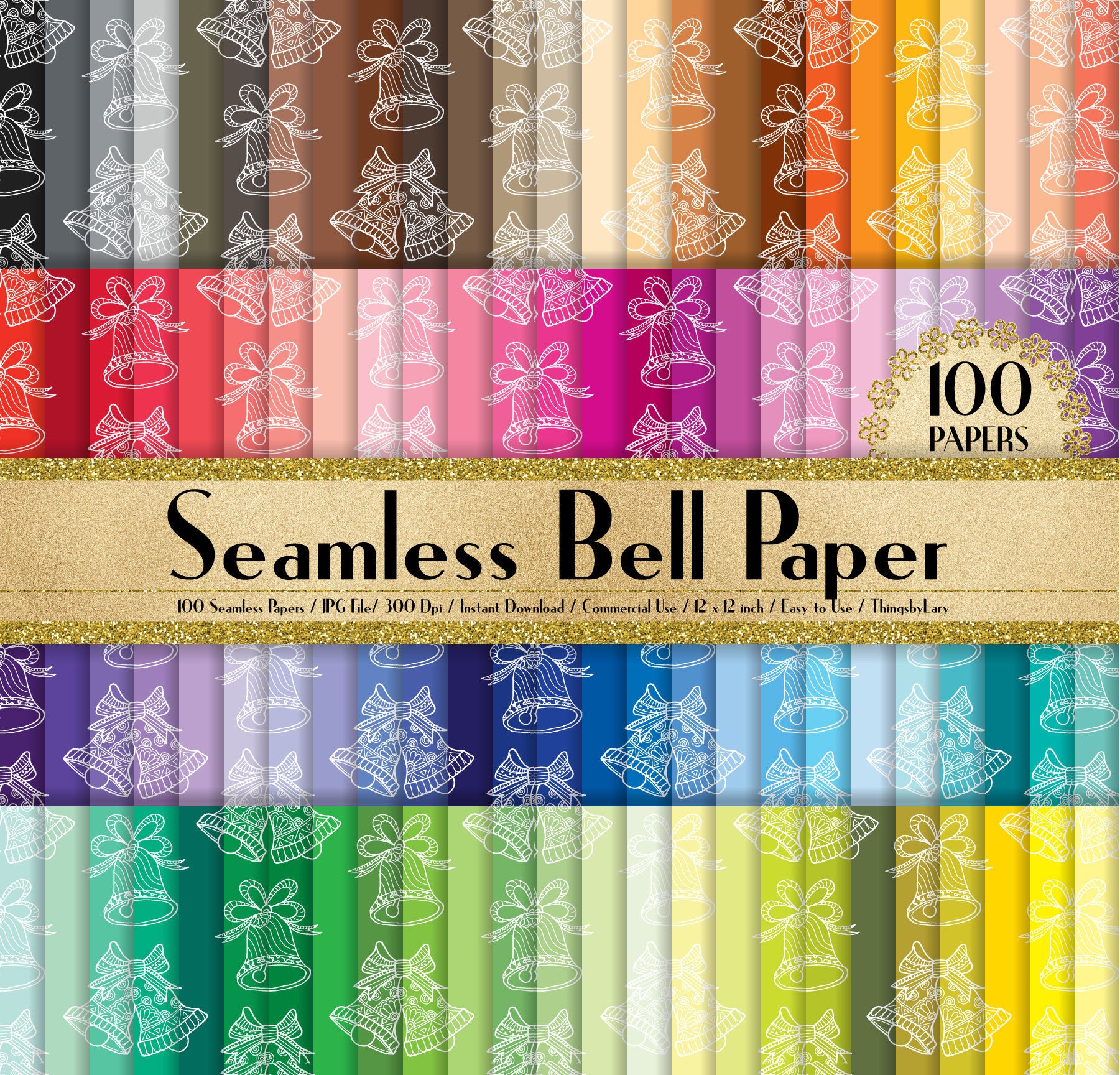 100 Seamless Hand Drawn Bell Papers in 12&quot; x 12&quot;, 300 Dpi Planner Paper, Scrapbook Paper, 100 Christmas Papers, 100 Bell Papers